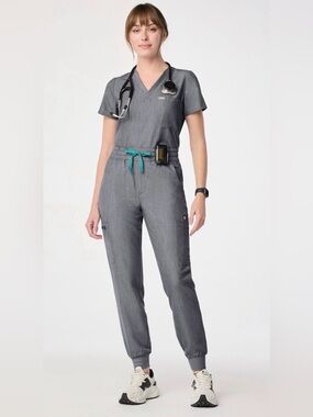 FIGS Zamora Top & Jogger Pant Scrub Set- Charcoal + Teal Waist Tie Size Medium